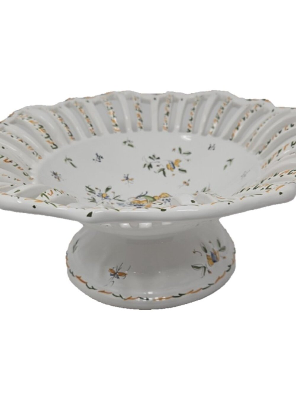 Vintage French Faience Moustiers Majolica Centerpiece Pedestal Bowl Reticulated